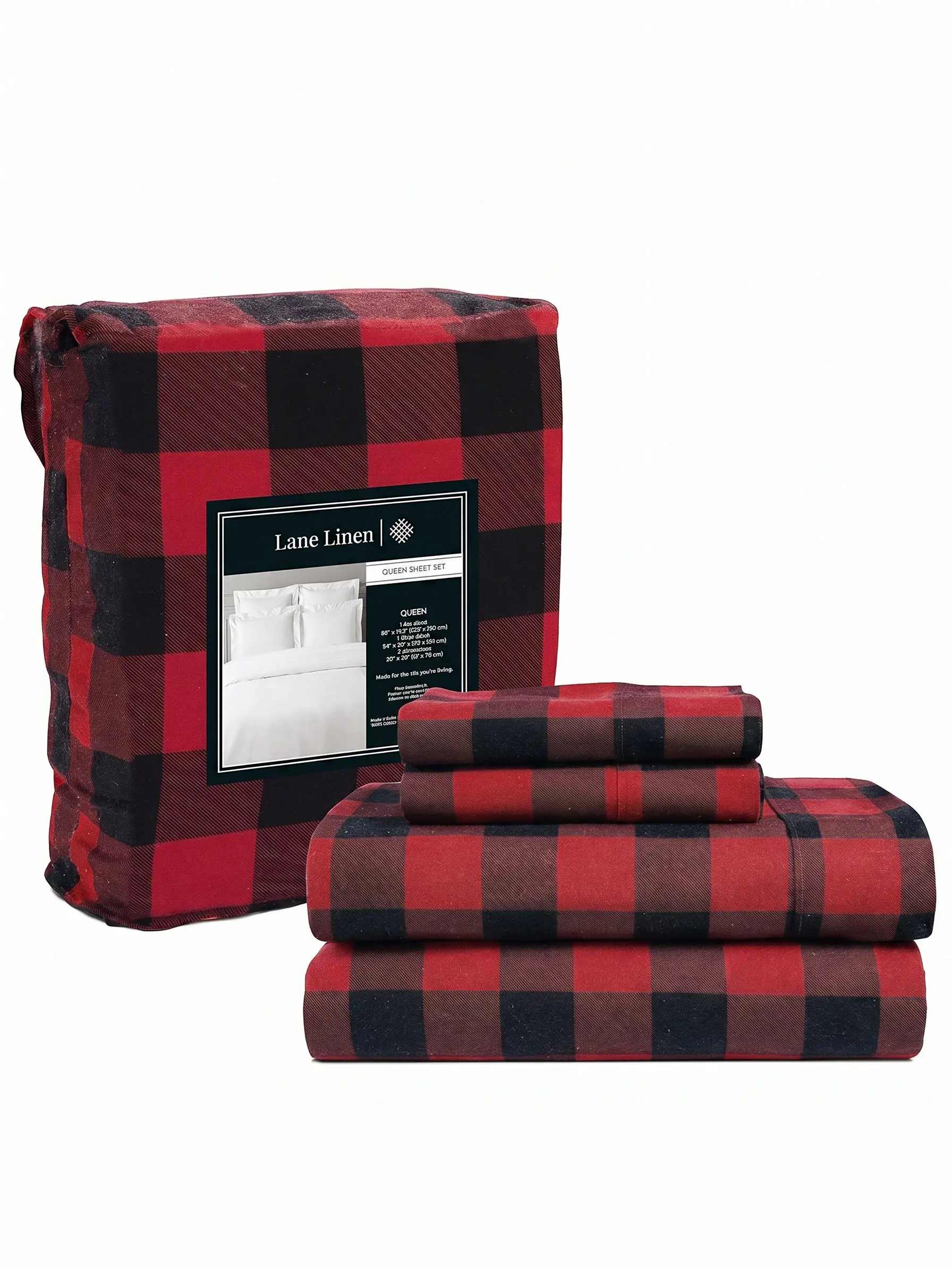 LANE LINEN 100% Cotton Flannel Weave Bed Set - Plaid Check, Flat Sheet, Fitted Sheet, Soft Breathable, Brushed Extra Soft, 16" Deep Pockets Hotel Bed Linens, Bed Sets, Soft Breathable Sheet