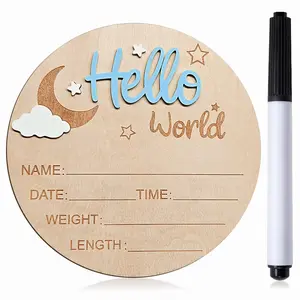 Baby Announcement Sign, Round Wooden Hello World Newborn Sign Keepsake for Newborn Boys and Girls Photo Prop Baby Shower Nursery Gift