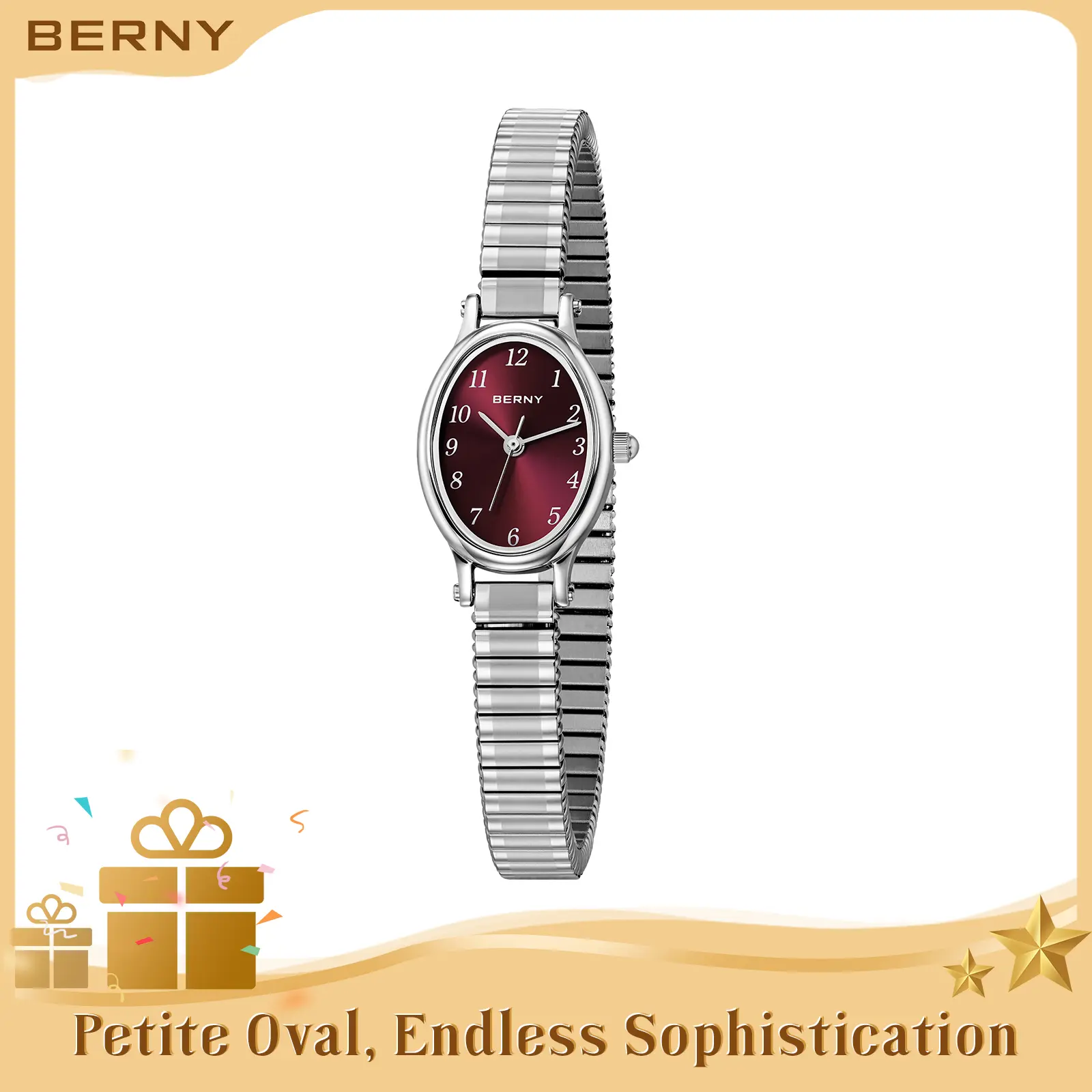BERNY Silver Watch for Women Dainty Quartz Wristwatch Elegant Oval Female Watches 3ATM Waterproof Adjustable Stainless Steel Expansion Stretch Bracelet Small Minimalist Chic Gift for All Outfits, Reloj de Mujer, Fashion Summer Accessories