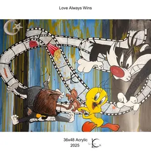 Original Hand painted Looney Tunes Art 36x48 Collector Piece -Signed. Love Always Wins Collection Classic Cartoon Characters Dynamic Filmstrip Artwork 1 of 3 Unique Pieces by Karma Came