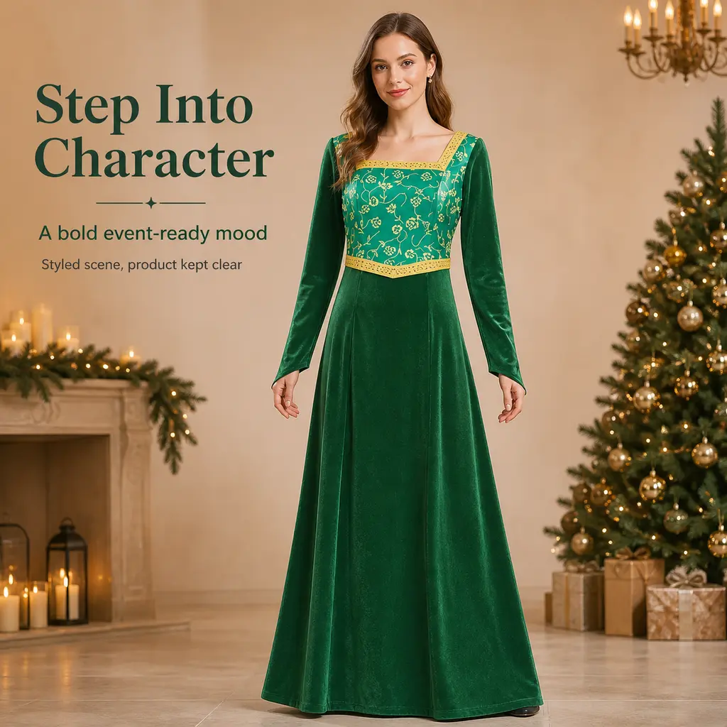 Green Forest Princess Cosplay Dress for Girls, Elegant Ruffle-Sleeve Gown with Belt, Halloween Stage Performance Outfit for Kids’ Parties
