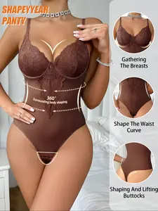 Women's Lace Shapewear Bodysuit, Padded Sexy One-Piece Underwear, Back Button Garter Belt, Steel Bone Support, Elegant Ruffle Design