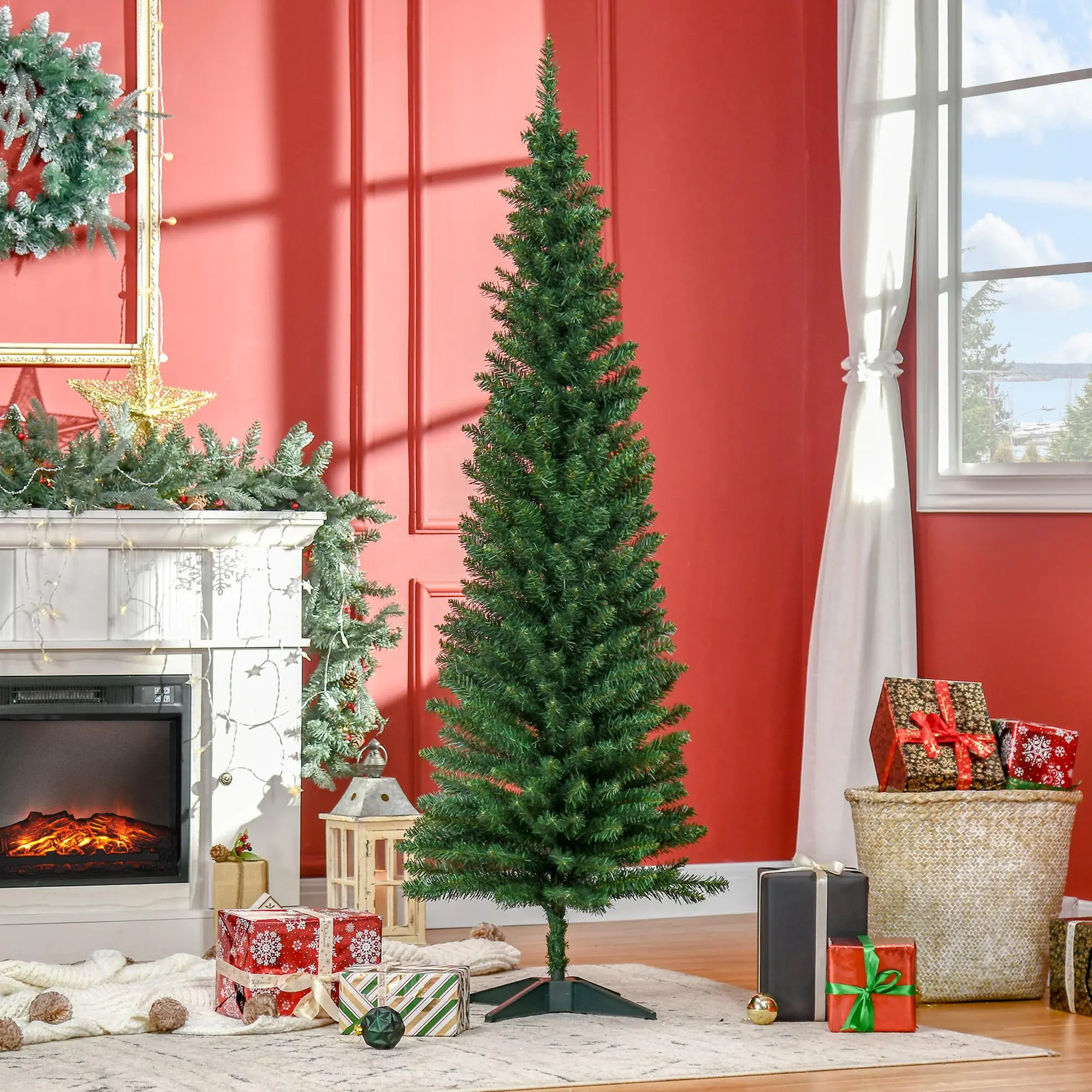 HOMCOM 6'-7' Bristle-Free Pencil Shape Anti-Allergic Artificial Christmas Tree, Slim Black Family Holiday Decoration with 390 Tips, Plastic Stand for Home Improvement