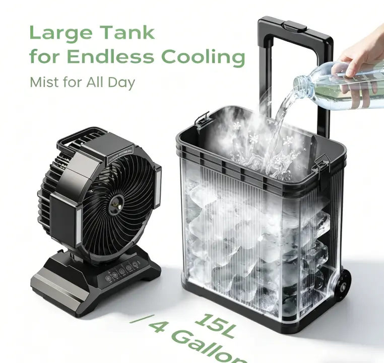 4 Gal Large Misting Bucket Fan, Portable Rechargeable Fan with 40000mAh Battery, Full Remote Control, Retractable Handle, Oscillating Function for Patio, Camping, Travel Essentials, Portable Fan Rechargeable