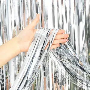 Silver Metallic Fringe Tinsel Curtain Backdrop, Festive Banners for Home Decorations