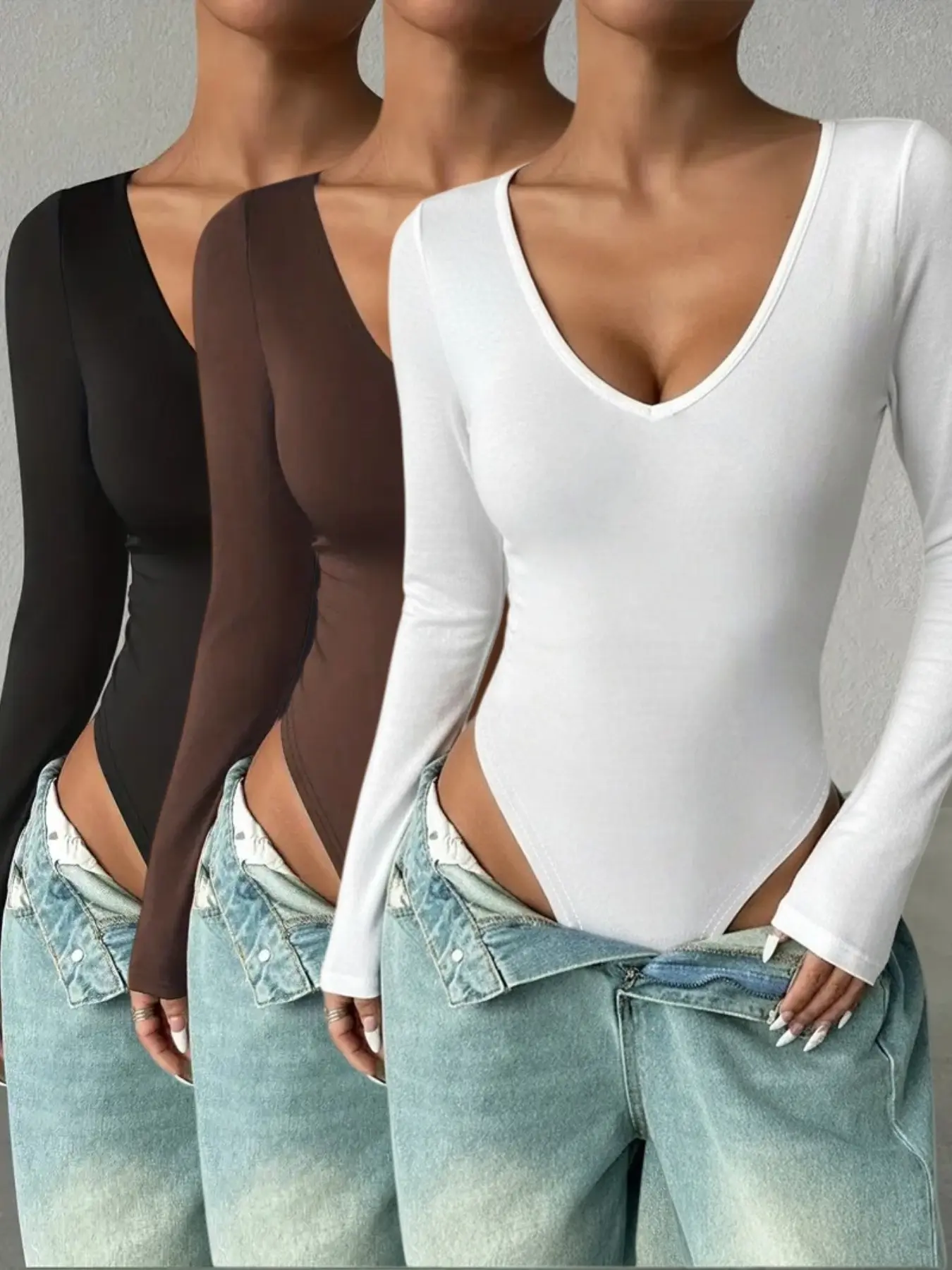 New fashionable slim-fit versatile solid color women's bodysuit top three-piece set