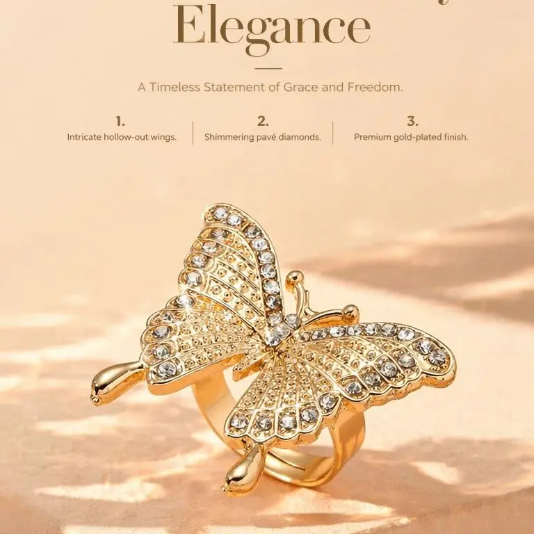 Women's Gold Paved Crystal Large Statement Butterfly Ring - 4g Female Ethereal Fairycore Insect Jewelry with Adjustable Band, Hollow-Out Wings, Ideal Happy Birthday/Anniversary Gift, Vintage Sparkly Accessory, Ethereal Fairycore Design, Sparkling Pavé, 4