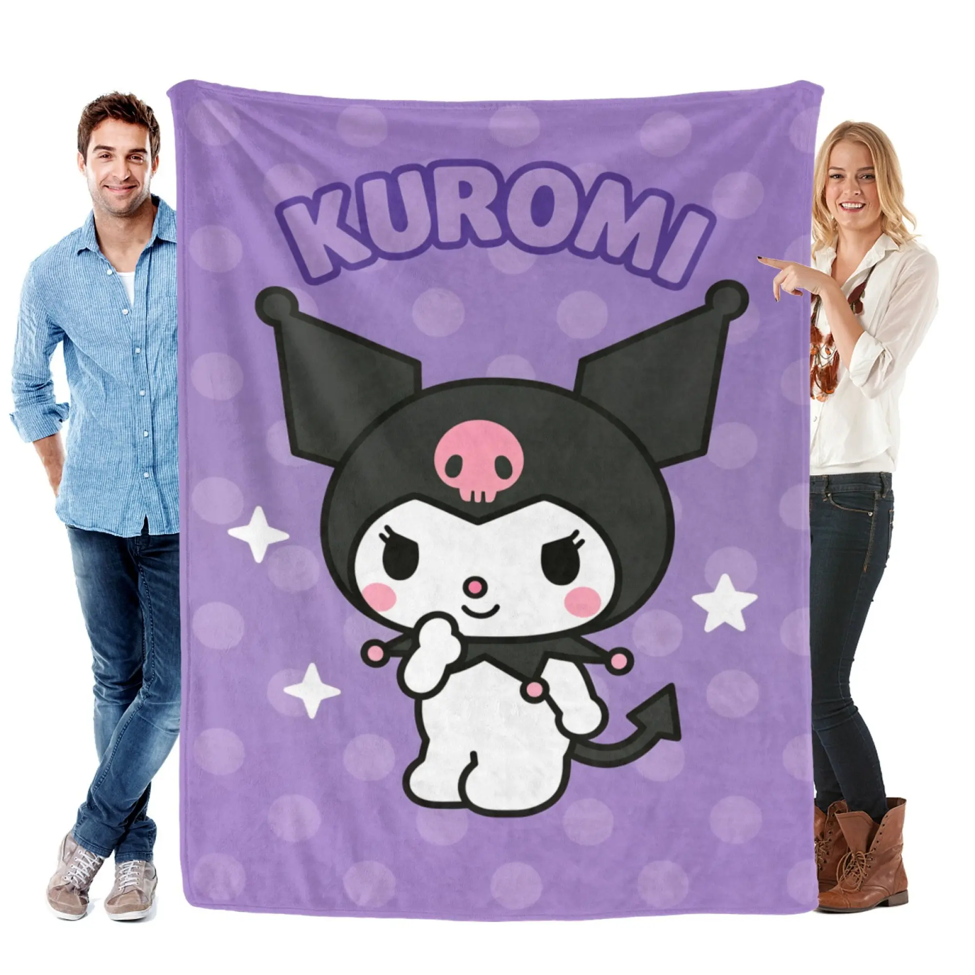 Sanrio Kuromi 2D Graphic Print Fleece Blanket - Soft Texture, Cute Look, Aesthetic Purple Polka Dots, Indoor Use Room Decor for Adults, Fleece Fabric, All Seasons