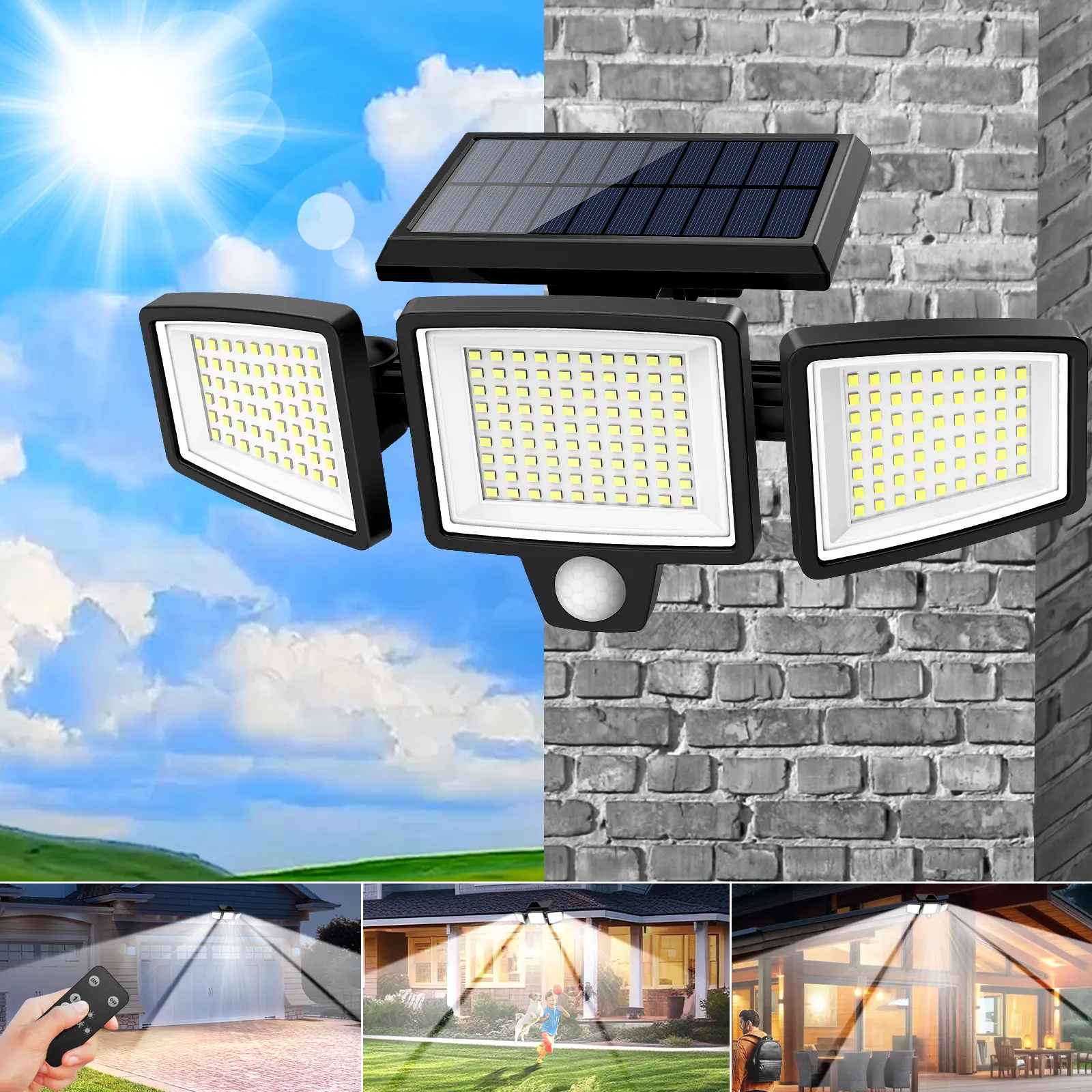 Tuffenough Solar Outdoor Lights 2500LM 210LED Security Lights,3 Heads Dimmable SpotLights with 3 Modes,IP65 Waterproof,Suitable for Yard, Garage, Porch,Patio, Garden,Farm,Chicken Coop, Barn,Horse Stable,Pool,Father's Day Gift