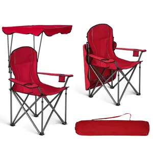 [Live] Heavy Duty Canopy Lounge Chair Sunshade Hiking Travel Chair with Cup Holder Red