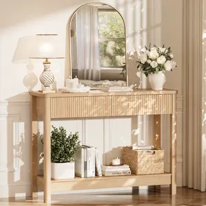 Aesthetic Fluted Entryway Table, Light Oak Narrow Console Table with Drawers for Room Decor