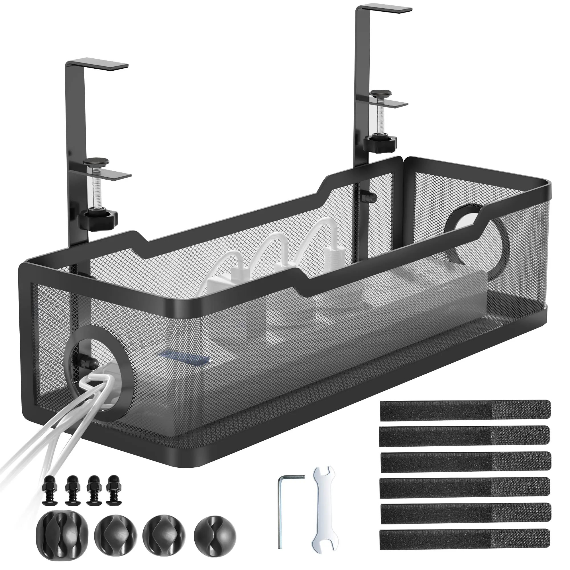 Under Desk Cable Management Tray Black,  No Drill, Cable Tray with Clamp for Desk Wire Management,Desk Cable Management Box for Office, Home - No Damage to Desk