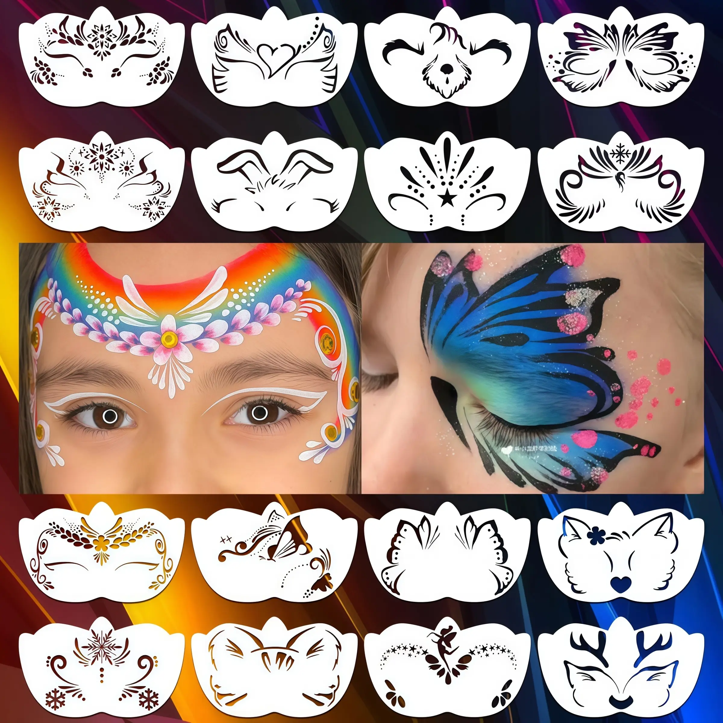 16 Piece Face Painting Stencils Templates for DIY Decoration, Reusable Hand Drawn Molds, Colorful Hollow Design, Vibrant Patterns, Artistic Touch, Stage Performance Materials