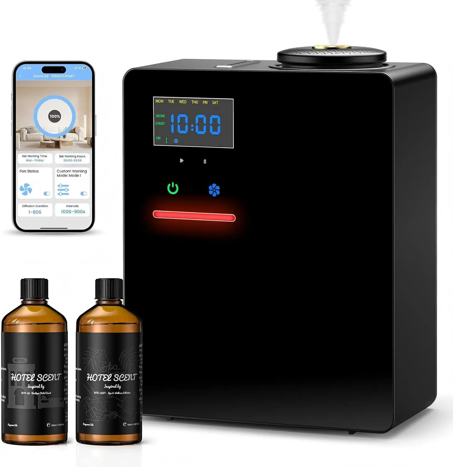 XEITIN Waterless Essential Oil Diffuser with 2 x 100ML Oils, 5000 Sq.Ft Whole House Scent Machine, 200ml Cold Air Fragrance Diffuser with Bluetooth App Control for Home Hotel Office, Black