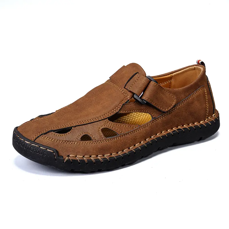 Men's Casual Classic Fisherman Sandals - Closed-Toe PU Leather Shoes with Flexible Velcro Strap, Slip-Resistant Sole, Round Toe, Regular Fit, Lightweight Design (EU44-US10.5)