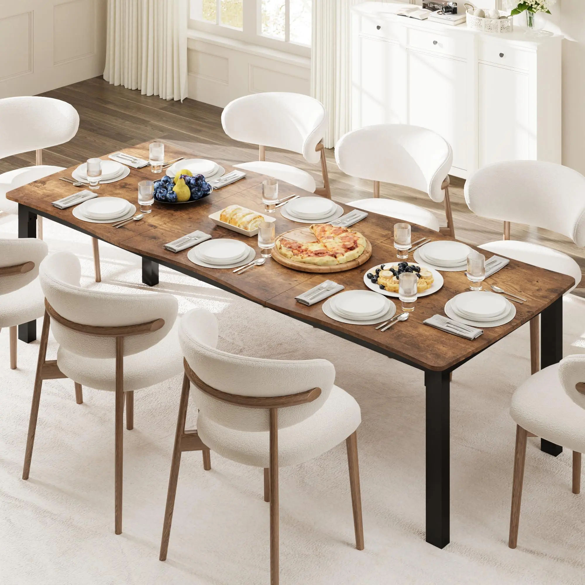Retro Brown Dining Table for 6-8 People, Rustic Wave Irregular Edge Table with Thick MDF Top & Metal Frame, Waterproof Scratch-Resistant, Versatile for Dining/Work/Study