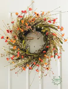 Spring flower wreath,Elegant flowers wreath, Summer orange flower wreath, Front door decor, Housewarming gifts, Everyday flower wreath.