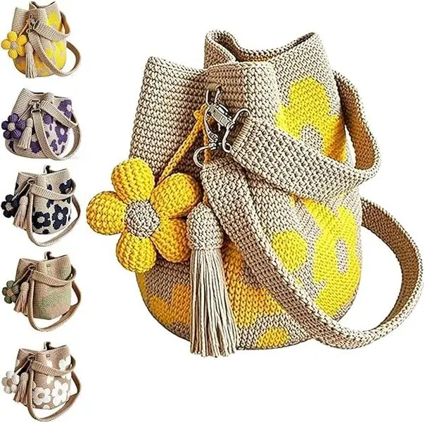 Women's Handmade Cotton Yarn Crocheted Bags - Eco-Friendly Foldable Adjustable Casual Fabric Bags with Flowers, Coin Purses, Floral Totes, Bohemian Tassels for Beach Picnics, Home Organization, Mother's Day