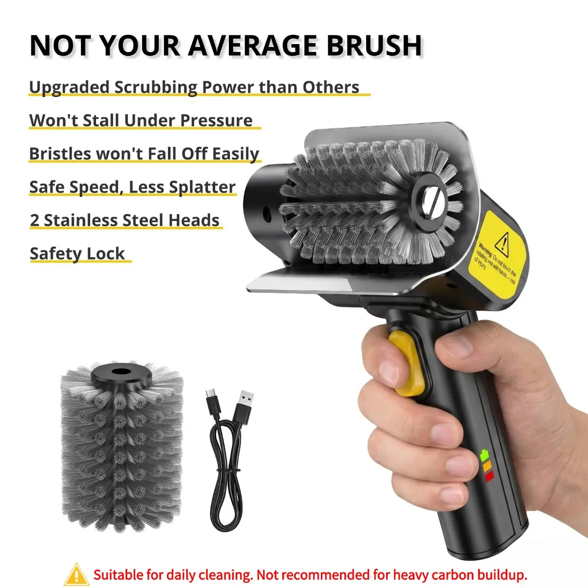 SOARFLY Multi-Purpose Electric Brush, Rechargeable High-Torque Metal Spin Scrubber with 2 Food-Grade Stainless Steel Heads, Compact BBQ Grill & Garden Tool Cleaner for Tight Corners, Patios and Garage Spot Cleaning, Barbecue Cleaning Brush