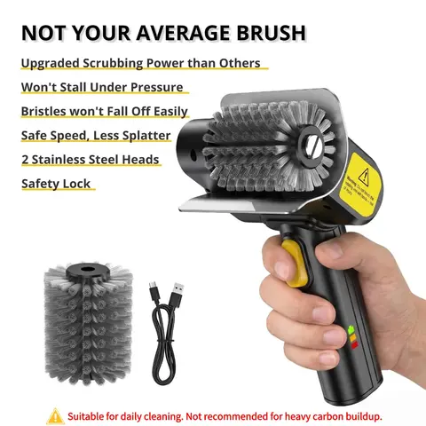 SOARFLY Multi-Purpose Electric Brush, Rechargeable High-Torque Metal Spin Scrubber with 2 Food-Grade Stainless Steel Heads, Compact BBQ Grill & Garden Tool Cleaner for Tight Corners, Patios and Garage Spot Cleaning, Barbecue Cleaning Brush
