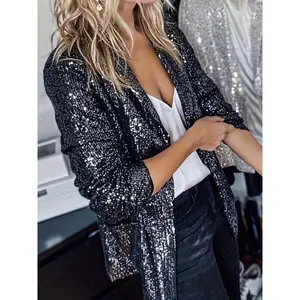 Sequined Open Front Blazer, Elegant Long Sleeve Lapel Collar Blazer, Women's Clothing