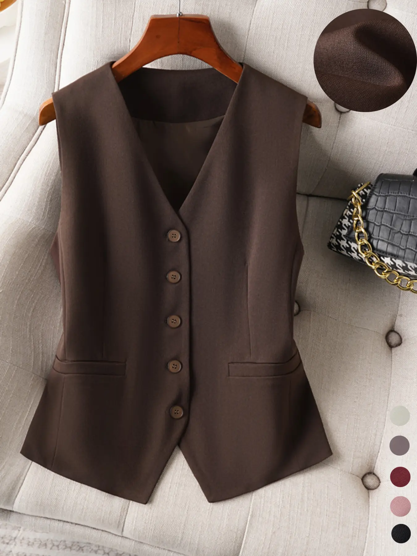 Women's V-Neck Button-Front Short Gilet, Plain Design, Fitted Style, Spring & Fall Casual Wear, Practical Pockets, Minimalist Look, Basic, Casual Comfy Vest, Casual Sleeveless Outerwear