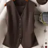 Women's V-Neck Button-Front Short Gilet, Plain Design, Fitted Style, Spring & Fall Casual Wear, Practical Pockets, Minimalist Look, Basic, Casual Comfy Vest, Casual Sleeveless Outerwear, Solid Button Vest