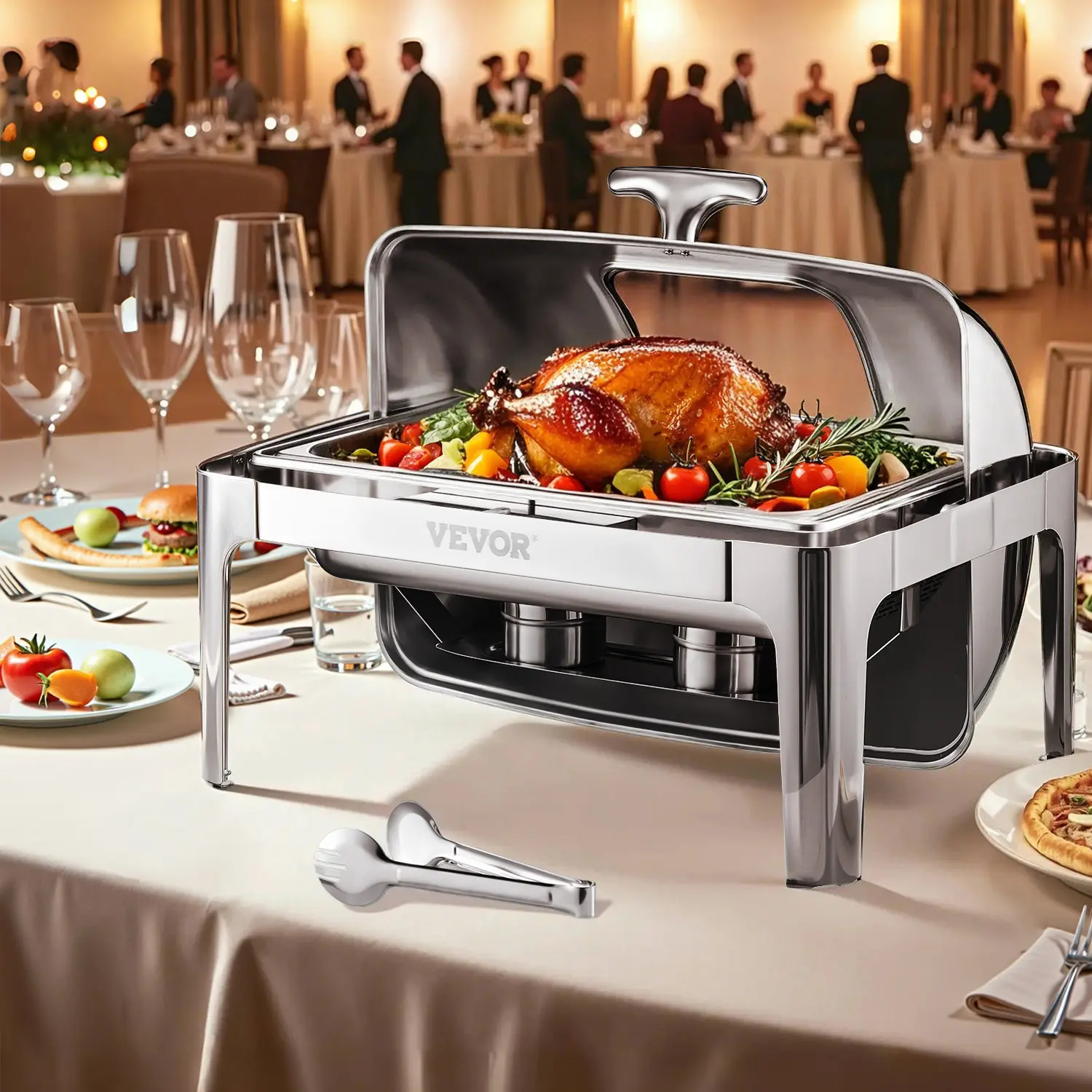 VEVOR Roll Top Chafing Dish Buffet Complete Set,  9 Qt 1 Pack Stainless Steel Chafer with 2 Half Size Pans, Rectangle Catering Warmer Server with Visible Lid Water Pan Folding Stand Fuel Holder, Silver