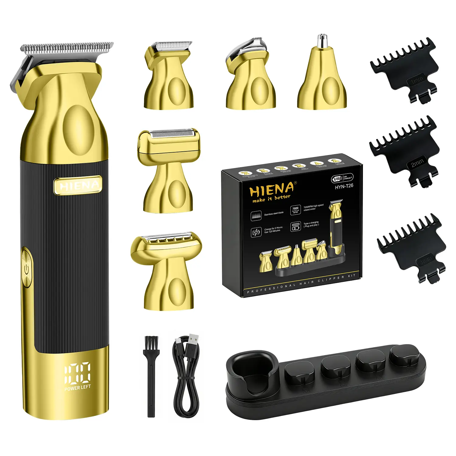 HIENA Series HYN-T26 Barber Trimmer Beard Cutting Kit, 8-Piece Multifunctional ABS & Stainless Steel Clipper Set with Self-Sharpening Metal Blades, 3-6-9-12 mm Length Settings for Face, Head (Batteries Included), Clipper Trimmer Set