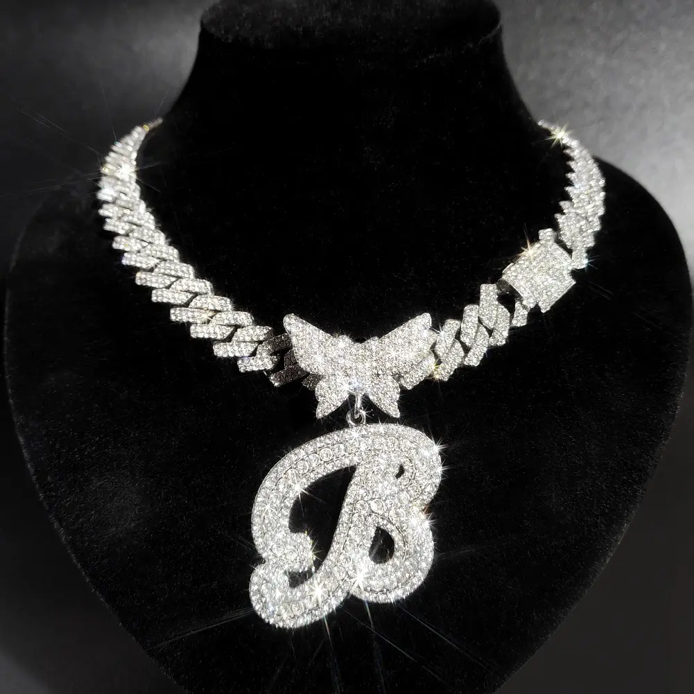 Iced Out Bling Butterfly Letter Pendant Necklace For Women AAA Rhinestone Paved Prong Cuban Chain Initial Necklaces Punk Jewelry