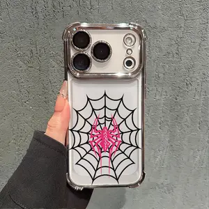 Pink-black spider web Phone Case for iPhone 17 AIR 17 PRO 16 PRO 15  PRO MAX  14 PLUS 13 PRO 12 11 series (silicone softshell) airbag anti-drop and shockproofmobile phone protective case