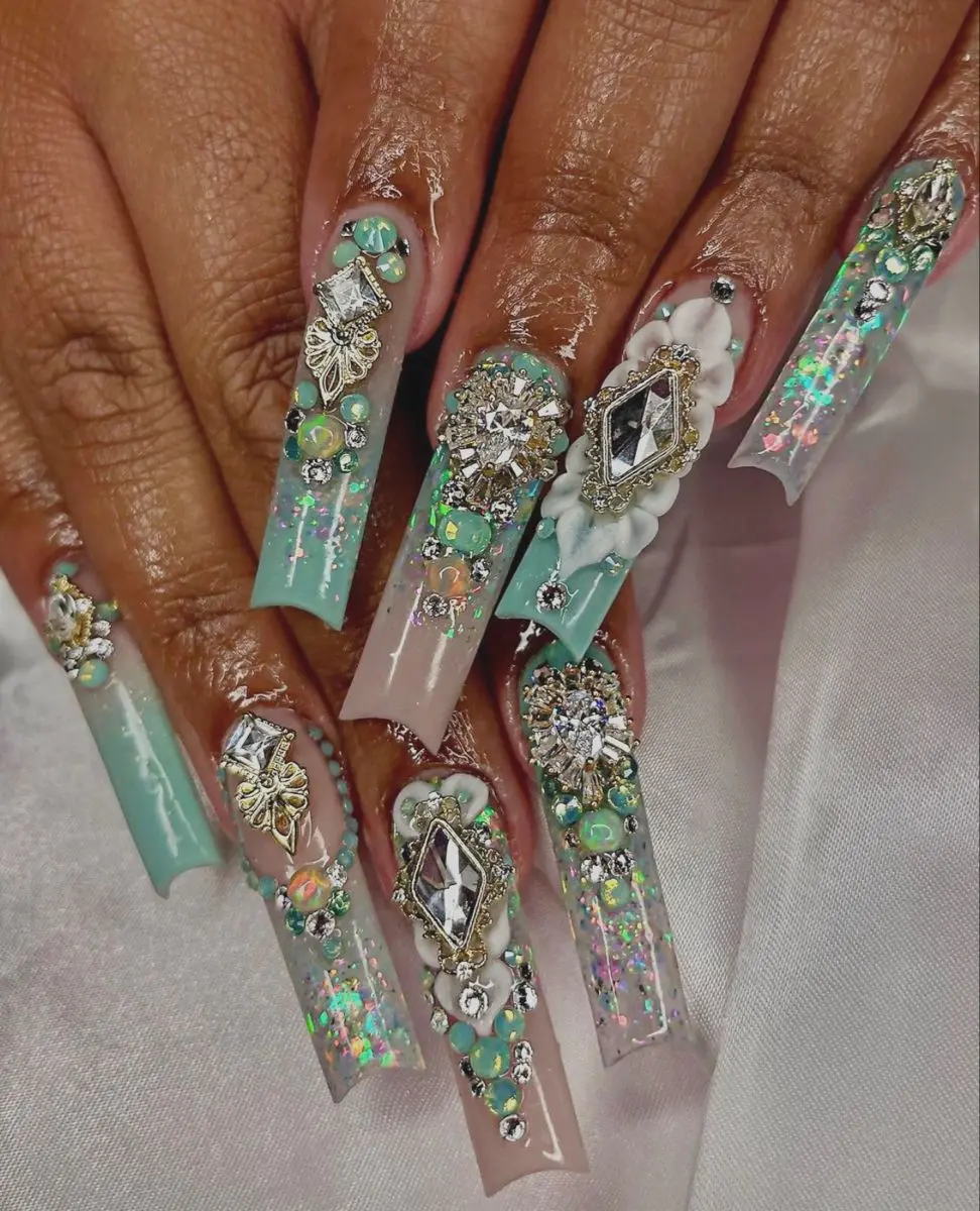 Premium Extra-Long Duck Feature Custom Press-On Nails - Y2K Mint Teal Bling Flared, Reusable Full Set for Nail Art Decoration