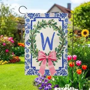 2Pack-Chinoiserie Garden Flag 12x18 Inch Double Printed, Personalized Family Name Initial with Bow & Boxwood Wreath, Spring Easter Summer Holiday Outdoor Decor, Yard Banner for Front Porch Patio, Fade Resistant