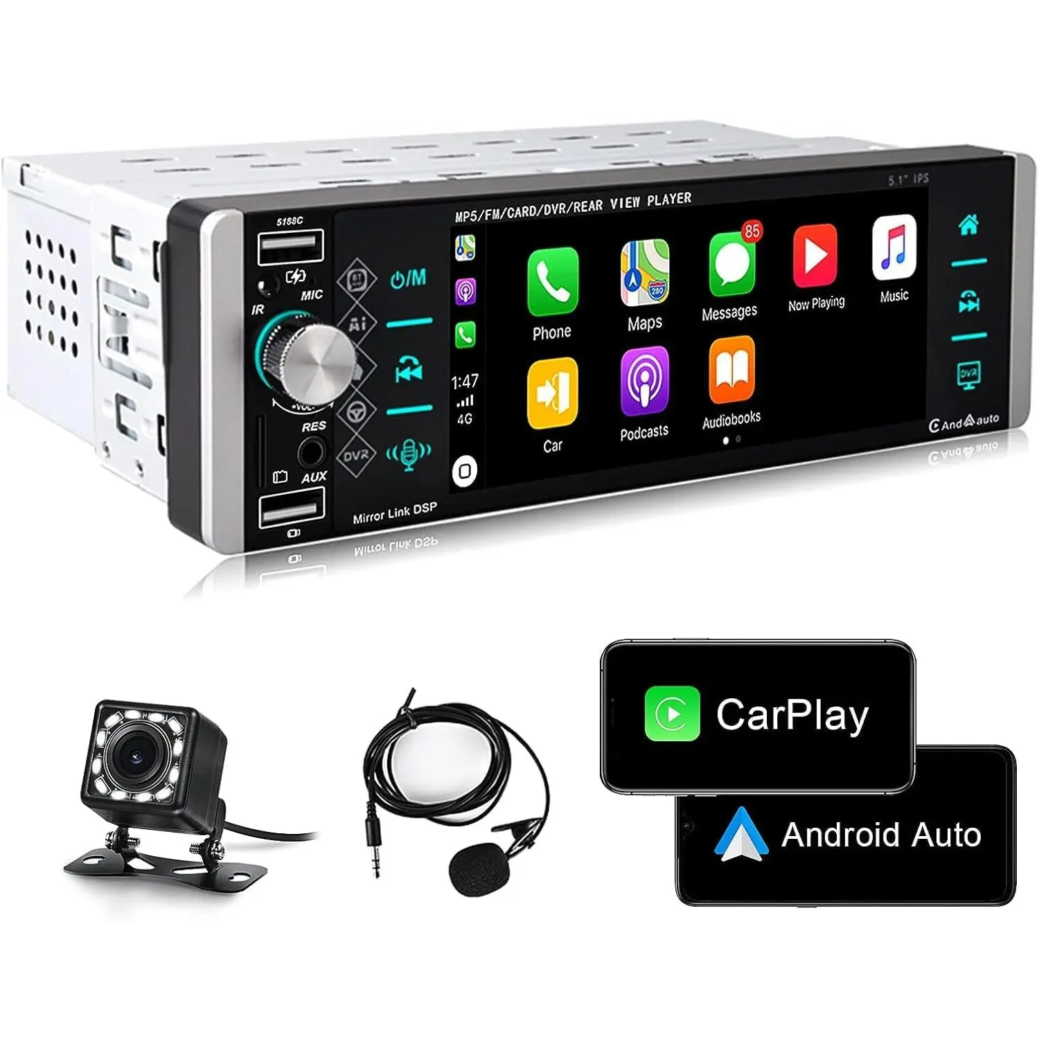 5.1 Inch Single Din Car Audio Head Unit with Wired CarPlay & Android Auto, C800 Chip, Car Display Screen, Bluetooth, Backup Camera, FM, MirrorLink, SWC, USB, DVR, AUX-in, Auto Parts Accessories