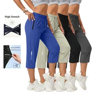 Women's 4-Pack Plain Nylon Active Capris - Female Normal Type, Drawstring Waist, Zippered Pockets, Summer Casual Athletic Bottoms for Outdoor Leisure, Gym Workouts