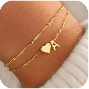 Easter Basket Stuffers Gifts for Kids Teens Girls - Initial Bracelet Dainty Heart Initial Letter A-Z Bracelets for Women, Layered Link Charm Bracelets Easter Gifts for Women free for shipping
