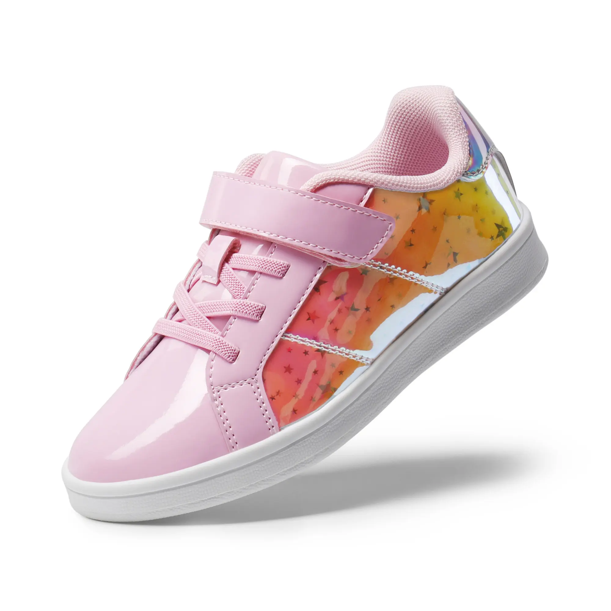 Dream Pairs Shoes Sneakers for Little Girls', Patent Leather Casual Trainer Footwear with Holographic Stars, Slip On with Hook-and-Loop Strap, Fashion Trainers