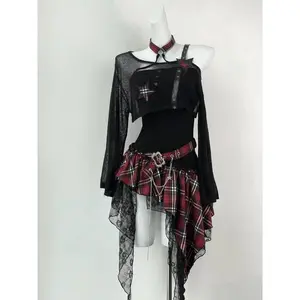 American Gothic Hot Girl Two-Piece Set for Women — Black Blouse + Chic Asymmetric Dress, New Arrival, Pure Desire Style, Slim Vintage Fit, Perfect for Summer