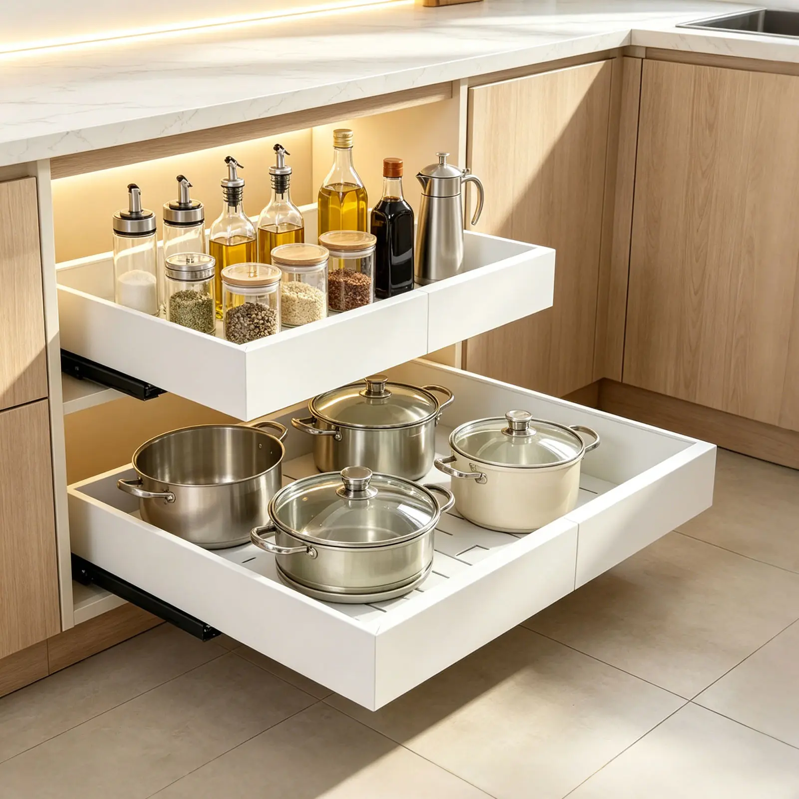 2 Pack Pull Out Cabinet Organizer, 21" Deep Slide Out Drawers for Kitchen Cabinets, No Drill Adhesive Pull Out Drawers for Cabinets, Roll Out Shelves Adjustable Width 11.4"-18.5"