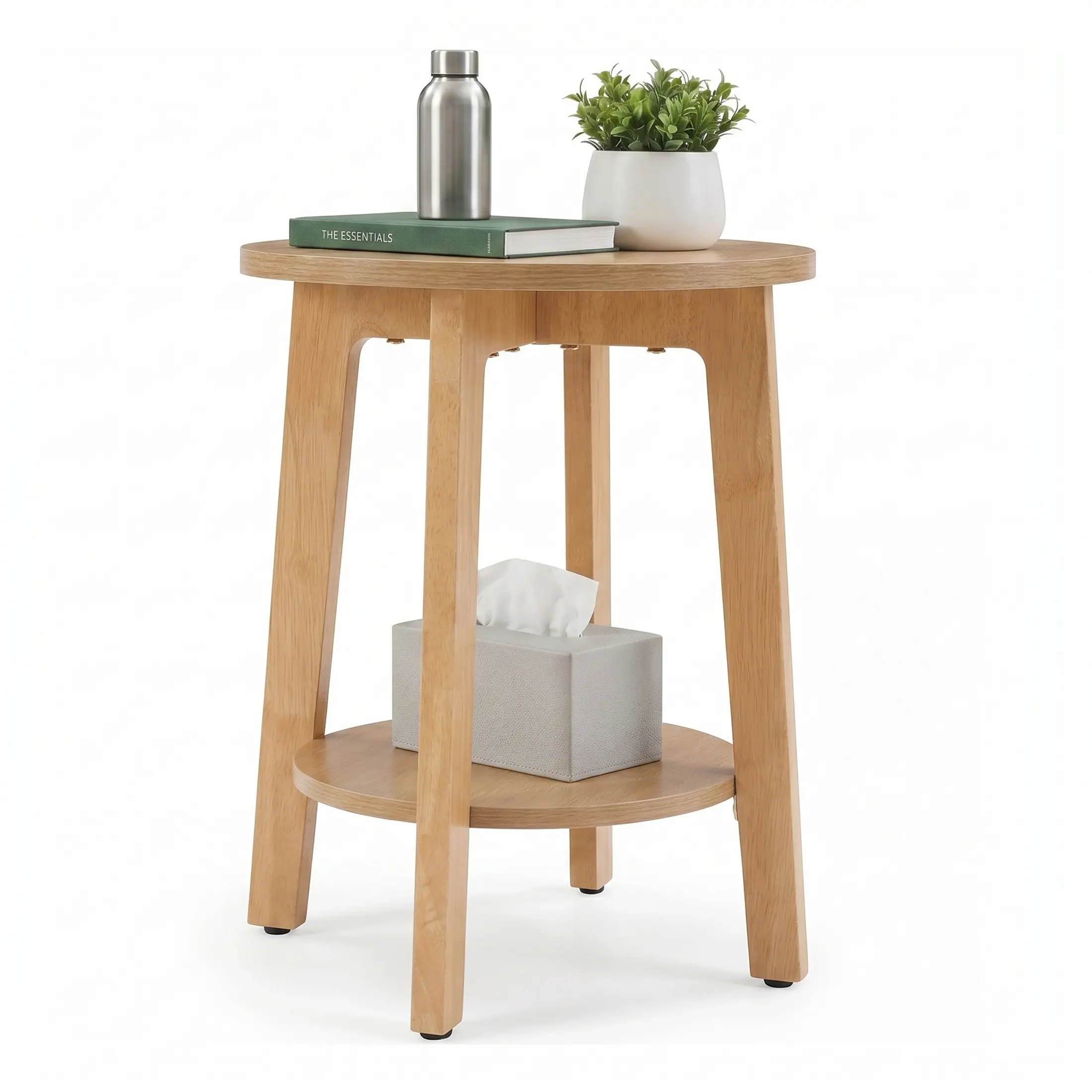 2-Tier Circular Dual-Use Nightstand End Table, 15.75" Diam × 20.28" H Modern Natural Wood Furniture with Tapered Legs, Curved Transitions for Small Spaces in Apartment Living Room, 2-Tier End Tables