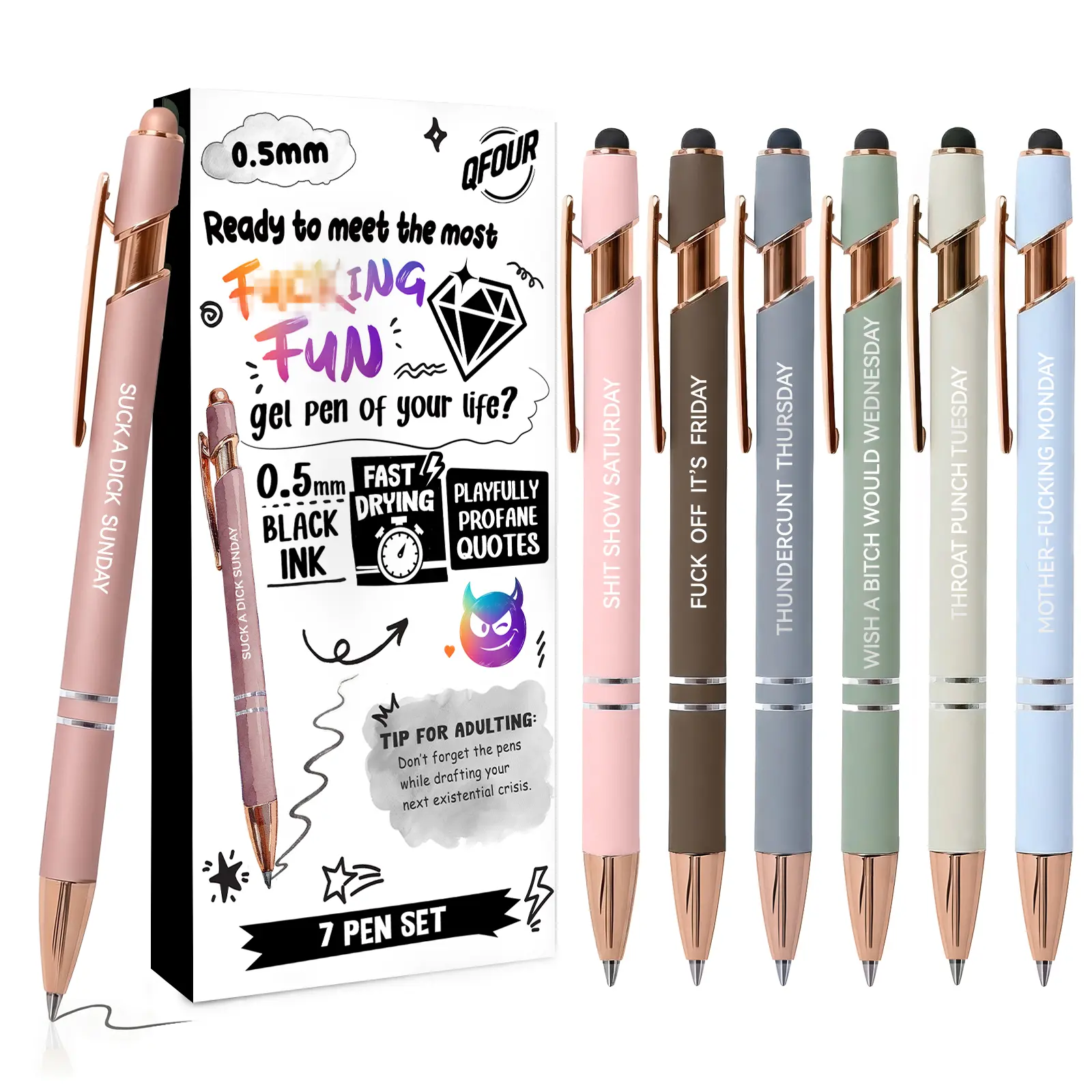 7 Pcs Funny Adult Gel Pen Set, Days of the Week Swear Word Pens, Quick-Dry Fine Point 2-in-1 Stylus Pens, Cute Color Novelty Office Gifts for Coworkers,back to school,back to school haul