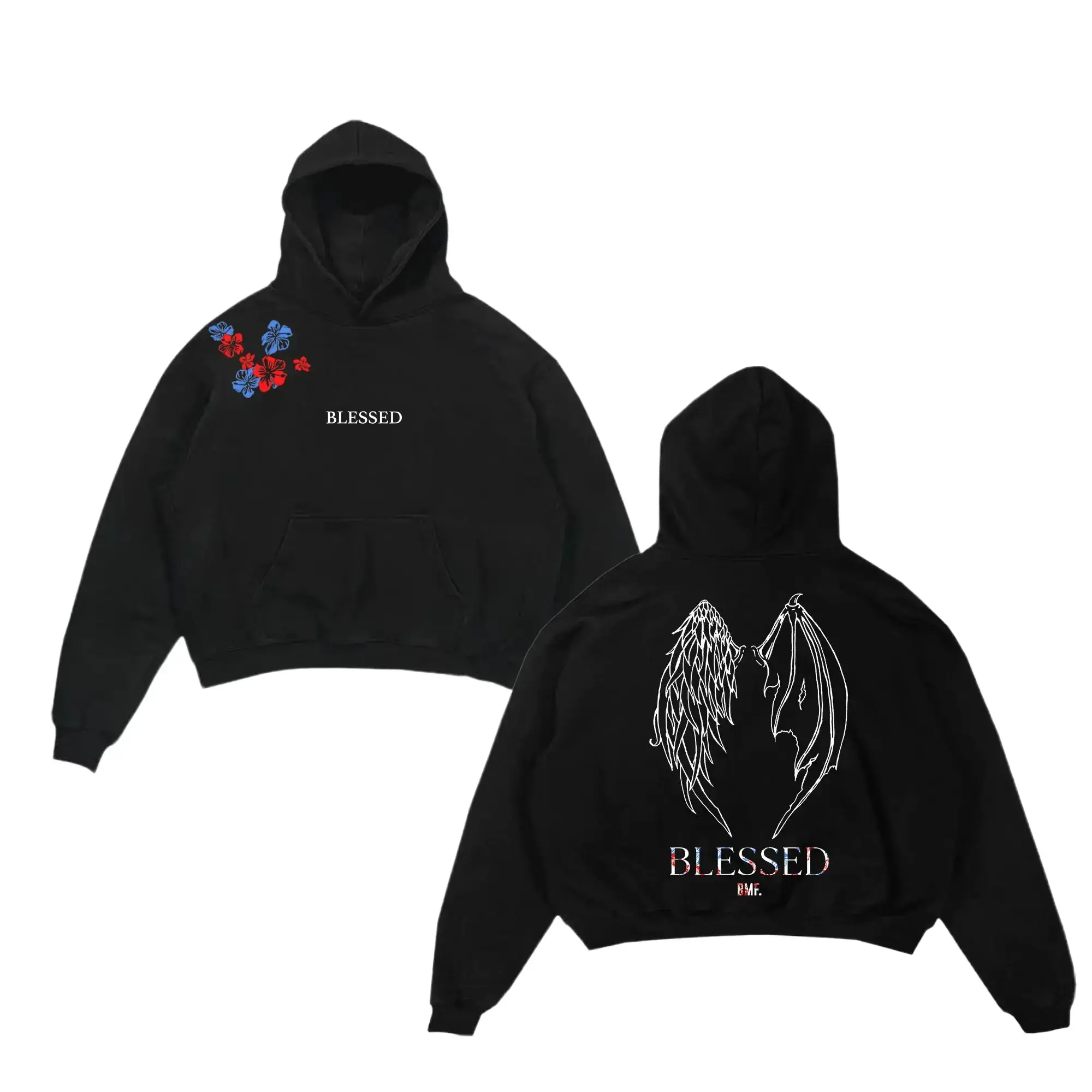 Men's Graphic Hoodie Sweatshirt, Casual Pullover Tops with Angel Wings Design, Stylish Menswear for Gym & Combat Sports Fans, Sweatshirts, Long Sleeve, Gymwear, Custom Print, Apparel