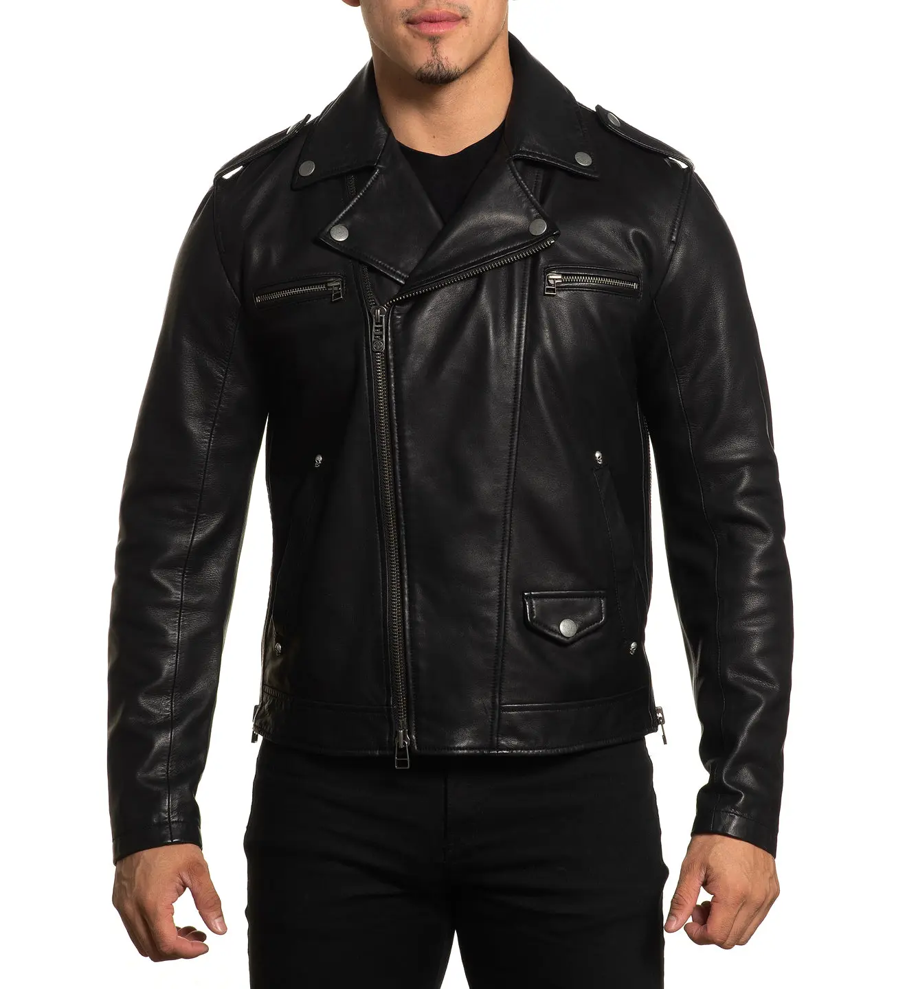 Affliction Men's Rebellion Moto Biker Jacket, 100% Leather Long Sleeves Tops for All Seasons with Front Zip, Graphic