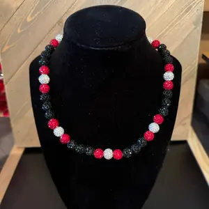 Handcrafted beaded necklace black red and white