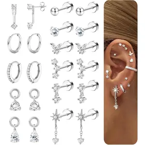 Trendy Hypoallergenic 14K Gold Plated Flat Back Earrings for Women Surgical Stainless Steel Stud Hoop Set Cartilage Helix Tragus Piercing Jewelry Comfort Gift