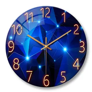 Blue tempered glass wall clock, 12–24 inches, geometric star-shaped chain silent large dial, 4 mm thick, durable and long-lasting, powered by AA batteries, suitable for living rooms, bedrooms, decorative rooms, holiday gifts, men’s room decor, and office