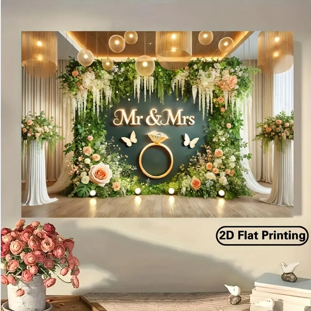 1pc Polyester Flower Design Mr & Mrs Wedding Backdrop Cloth - 2D Flat Floral Ornaments Banner, Multi-Size Power-Free Wall Hanging Decor, 243.84x182.88cm Party Studio Prop, for Wedding Home Use