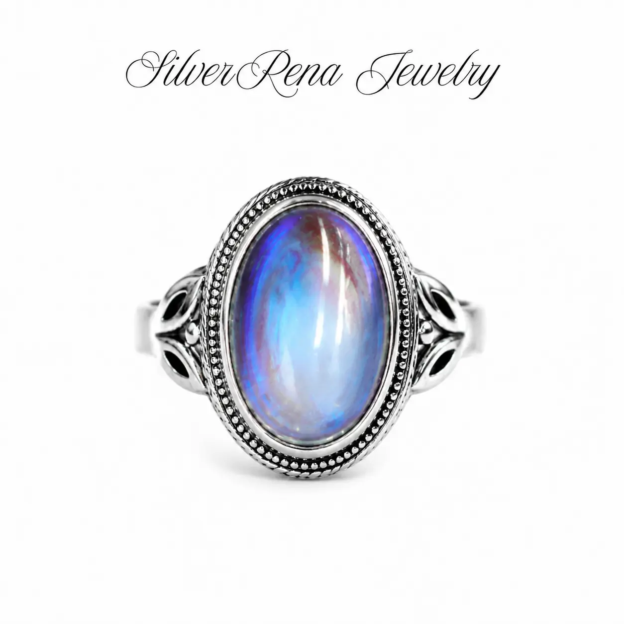 925 Sterling Silver Vintage Oval Moonstone Ring, Multicolor Rainbow Flash Cabochon Gemstone Retro Filigree Band Closed Ring, Hypoallergenic Bohemian Fine Jewelry Gift for Women