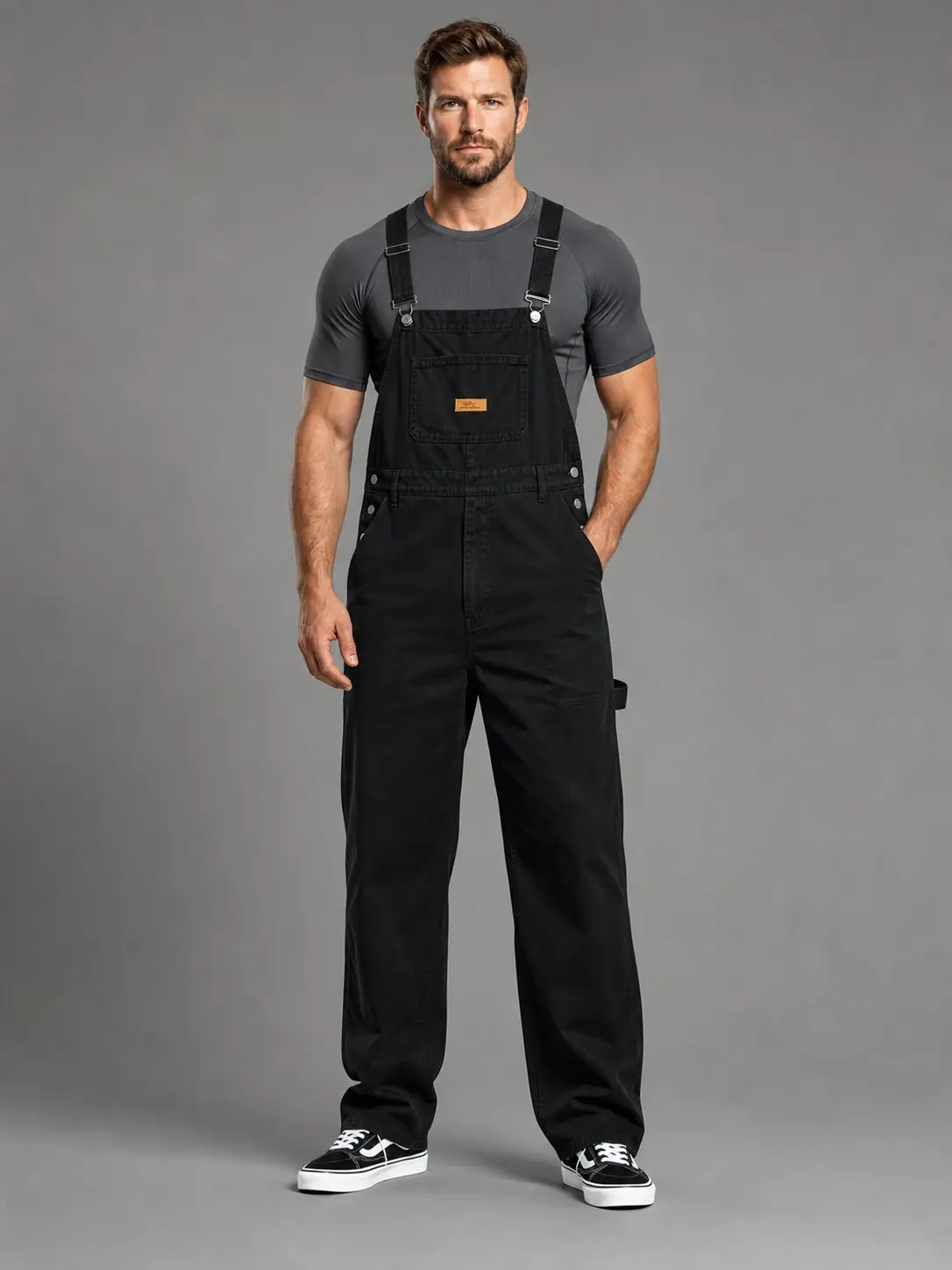 Men's Minimalist Cotton Bib Overalls, Regular Fit Flex Denim Menswear Workwear with Tool Pockets and Adjustable Straps, Plain, Below Ankle, Basic, Solid-Color, All Seasons