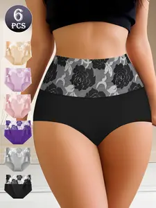 QUASTI 6 Pack High Waist Colorblocking Cotton Women's Briefs with Printed Design, Soft Comfortable Briefs, Breathable Light High Elasticity Tummy Control Hip Lifting Briefs, Fashionable Elegant Women's Briefs,S-XXL Floral Fit Womenswear Panties
